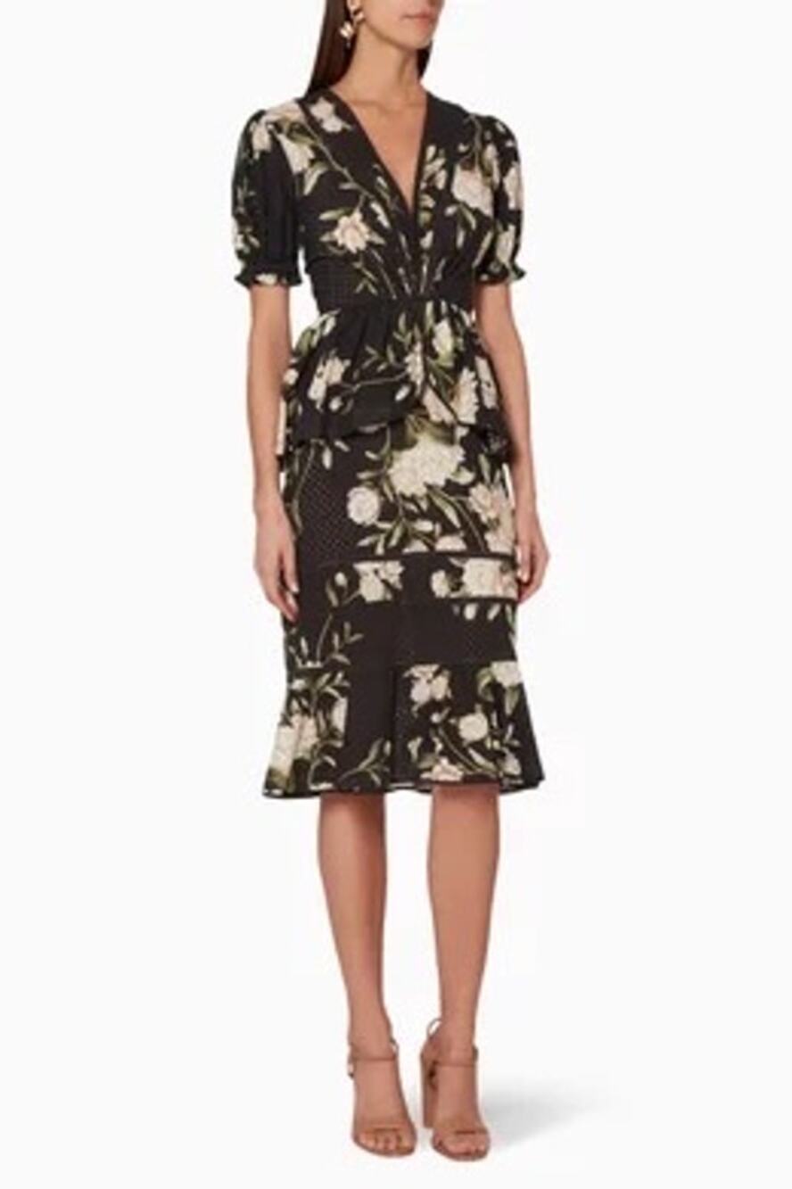 Johanna Ortiz Black & White Oriental State Midi Dress in Black Eyelet Floral